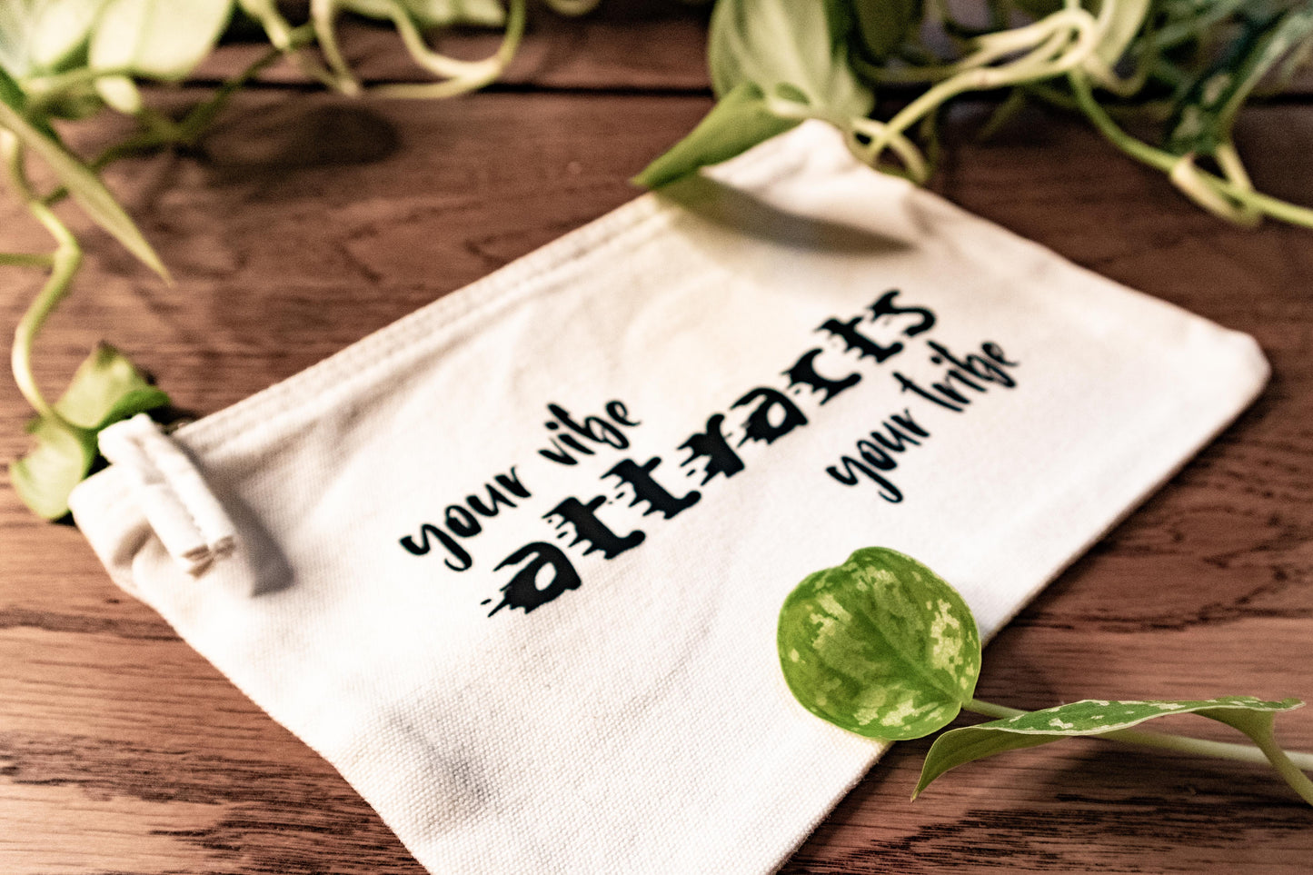 Your vibe attracts your tribe - Funny Cotton Zipper Pouch for Travel, Makeup, toiletries, documents, snack, and more