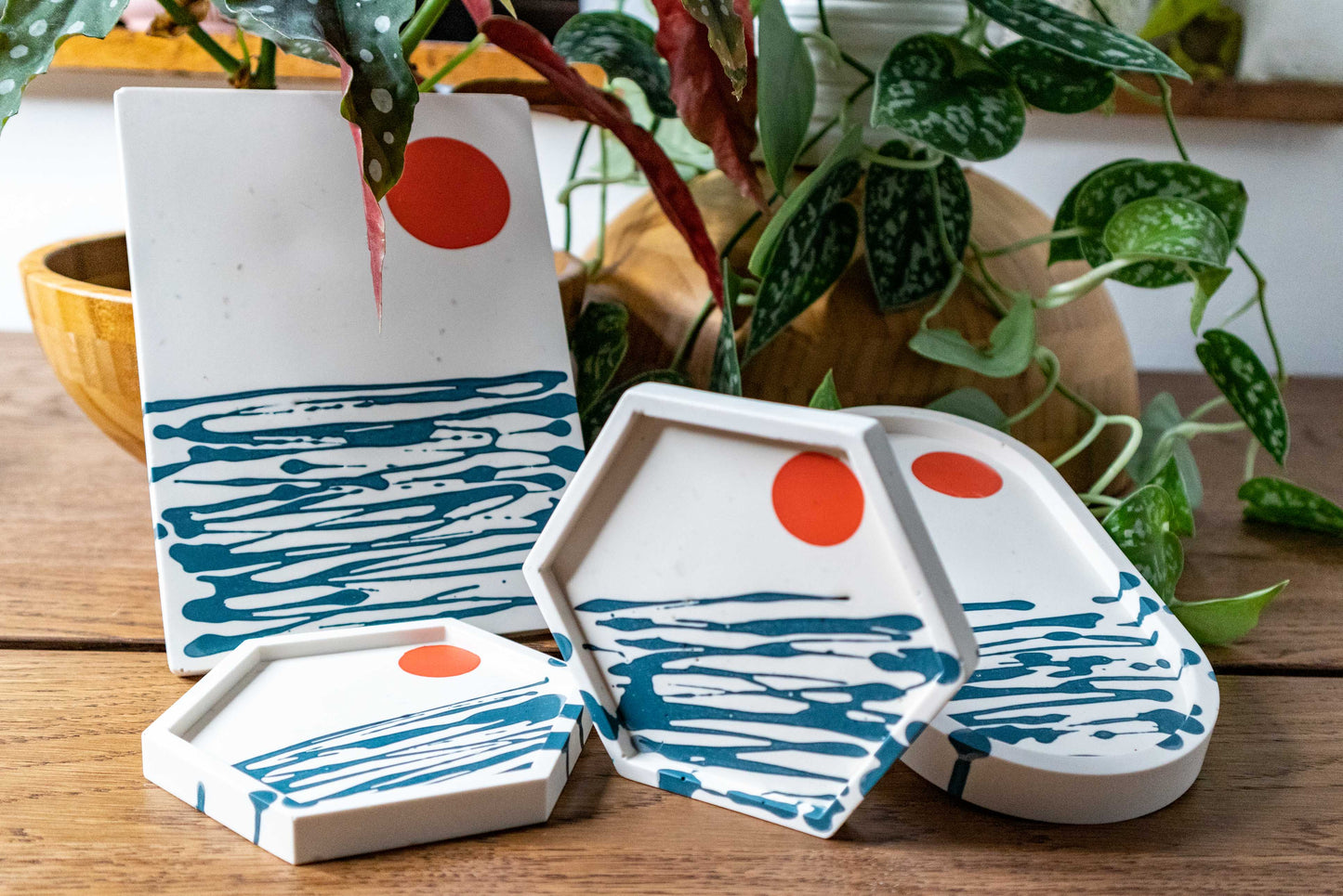 Decorative Eco resin coaster | tray | KIT | jesmonite | orange, blue & off-white