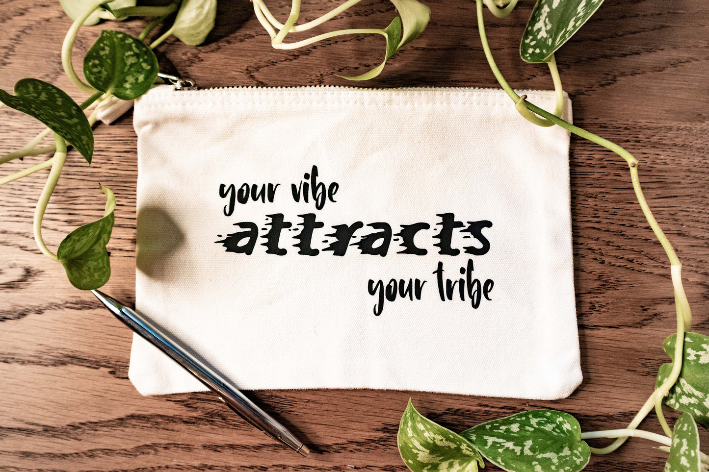 Your vibe attracts your tribe - Funny Cotton Zipper Pouch for Travel, Makeup, toiletries, documents, snack, and more